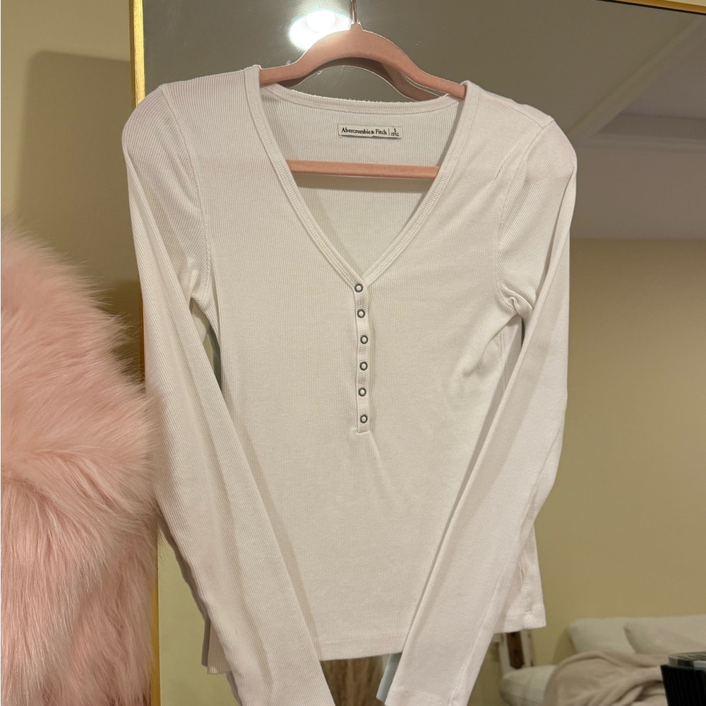 Abercrombie & Fitch Cream Ribbed Long-Sleeve Henley Top